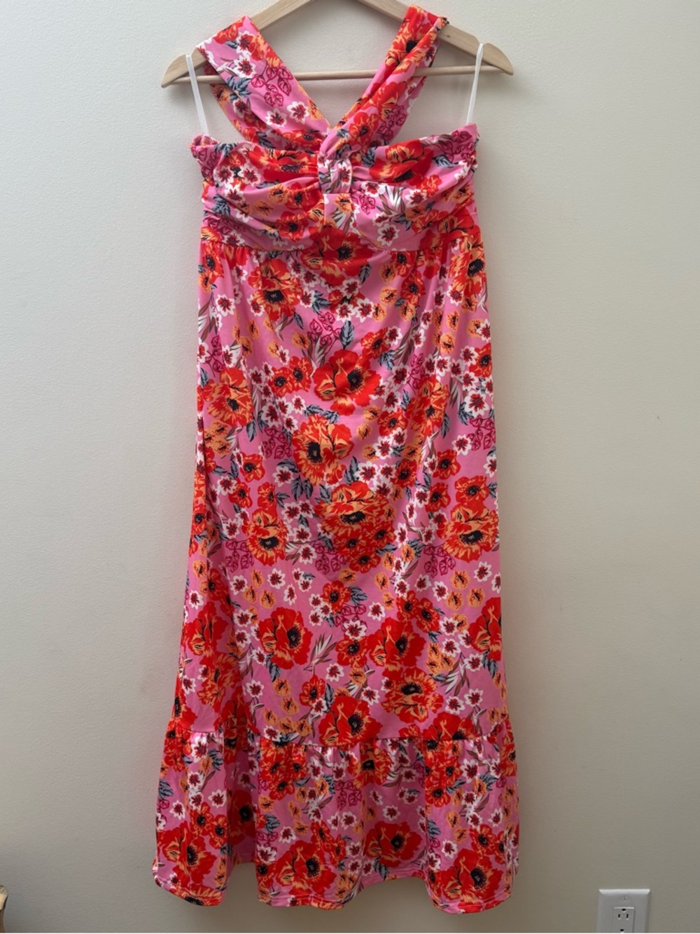Grace Karin Pink Floral Maxi Dress with Orange Red Blooms - Picture 2 of 8